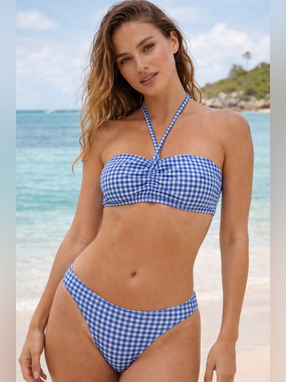 Cabana del Sol Blue Gingham Bikini Set XL Checkered Two Piece Swimsuit